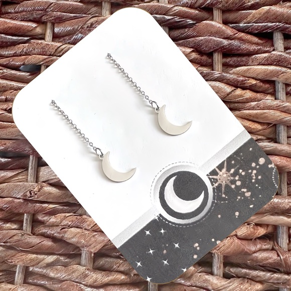 New Silver-Tone Stainless Steel Crescent Moon Threader Earrings (Version 21) - Picture 2 of 5